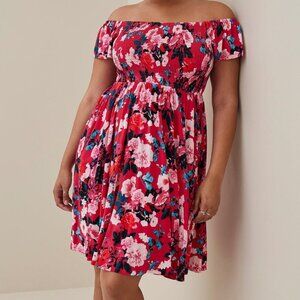 Mini Super Soft Off-Shoulder Dress in Pink Floral - Torrid Size 2X